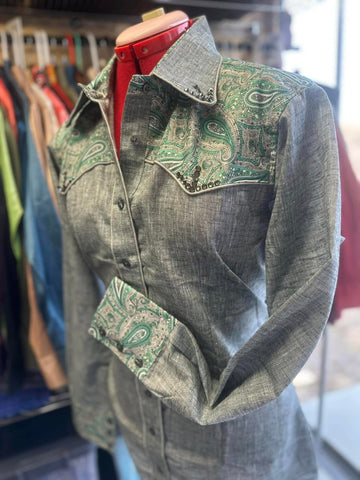 Ranch Style Show Shirt - Heathered Green w/Green Paisley Yokes